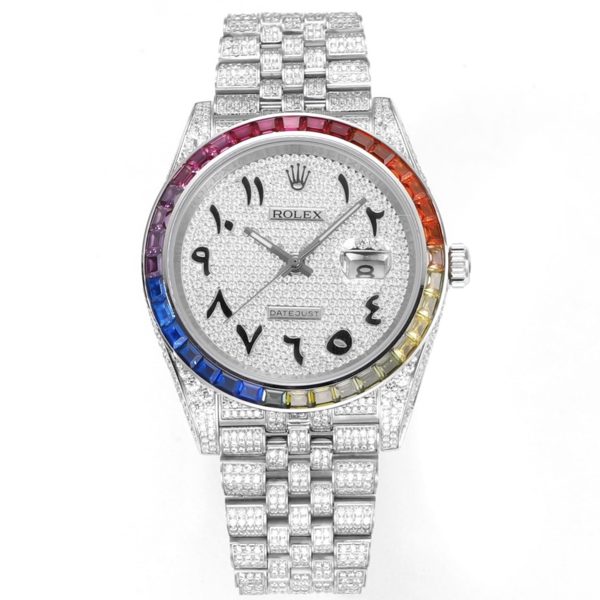 Rolex MS Factory Datejust 41mm Full‑Paved Diamond Watch 904L Steel 3235 Automatic Movement Rainbow Bezel