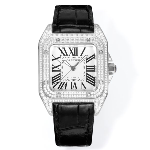 Cartier Santos 100th Anniversary Ladies Watch, Full Paved Diamond Bezel, 35.6mm